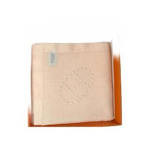 New in box, Hermès Light Pink/Peach Evelyn Embroidered Logo Cotton Handkerchief